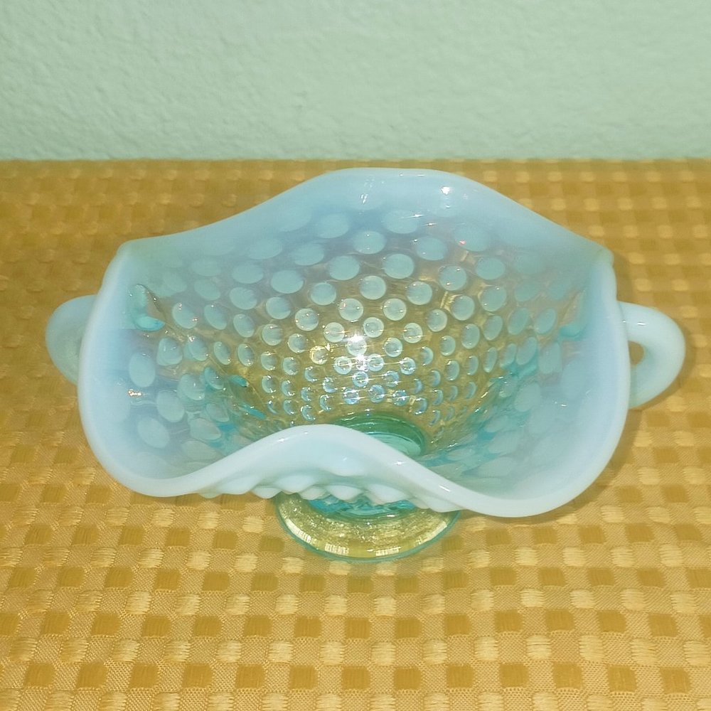 Vintage Fenton Hobnail Blue Opalescent Two Handled Dish